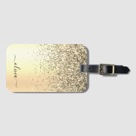 Glitter Metal Monogram Glam Name Gold Glitter Bagagelabel (Voorkant (horizontaal))