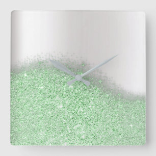 Glitter Mint Green Greenery Gray Minimal Metallic Vierkante Klok