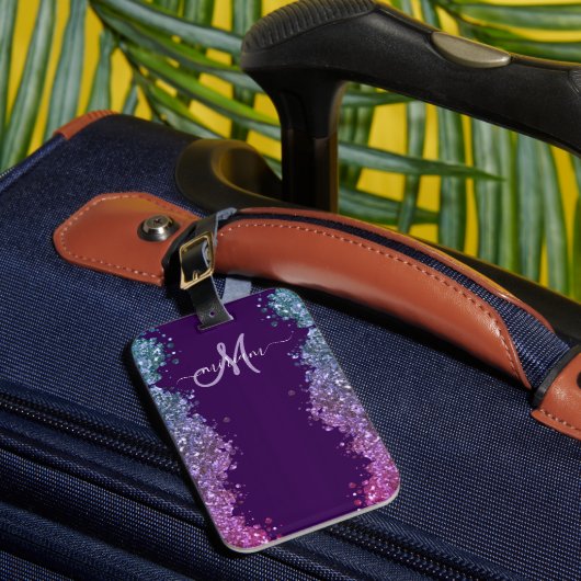 Glitter Modern Monogram Paars Turquoise Blauw Glan Bagagelabel (Voorkant Insitu 1)