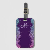 Glitter Modern Monogram Paars Turquoise Blauw Glan Bagagelabel (Voorkant (verticaal))