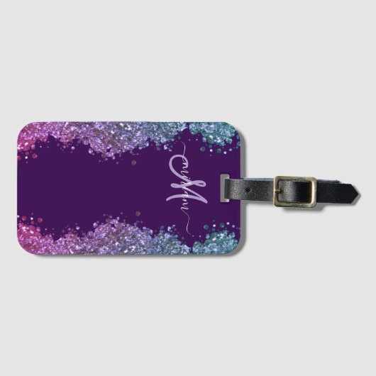 Glitter Modern Monogram Paars Turquoise Blauw Glan Bagagelabel (Voorkant (horizontaal))