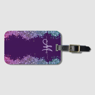 Glitter Modern Monogram Purple Teal Blue Shiny  Bagagelabel