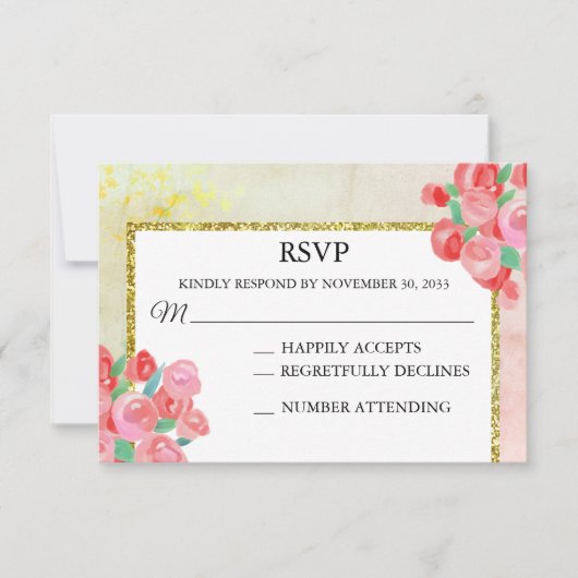 *~* Glitter Moderne Bloemen Mint Blush Wedding RSV RSVP Kaartje (Voorkant)
