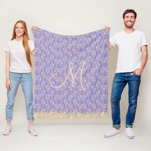 Glitter Monogram Goud Bloemen op Lavendel Fleece Deken (In situ)