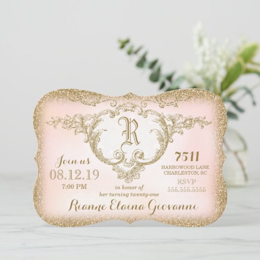 Glitter Monogram gouddag uitnodiging (Staand voorkant)