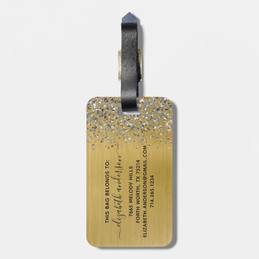 Glitter-monogram goudpenseel bagagelabel (Achterkant verticaal)
