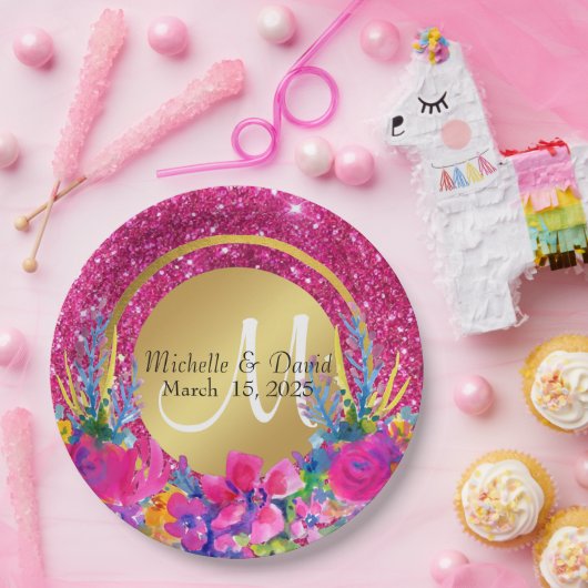 Glitter-monogram goudpenseel papieren bordje (Feest)