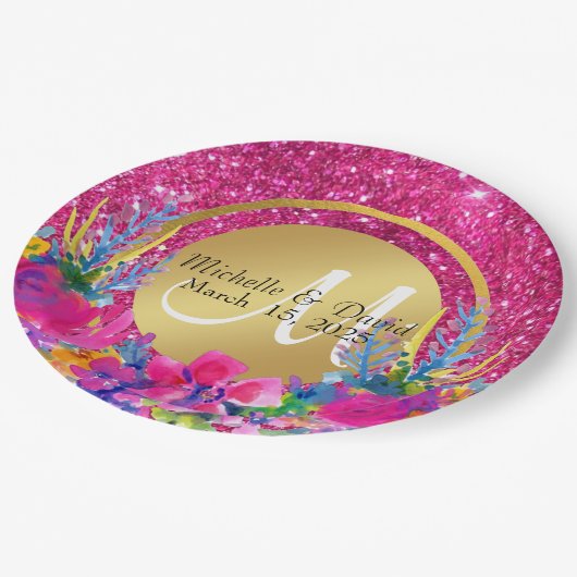 Glitter-monogram goudpenseel papieren bordje (Gekanteld)