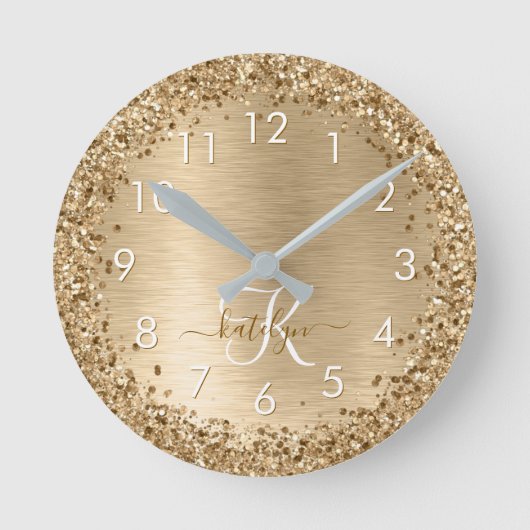 Glitter-monogram goudpenseel ronde klok (Voorkant)