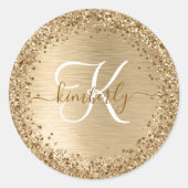 Glitter-monogram goudpenseel ronde sticker (Voorkant)
