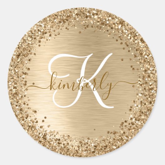 Glitter-monogram goudpenseel ronde sticker (Voorkant)