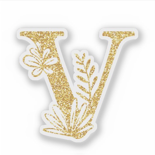 Glitter Monogram Initiaal V Floral Sticker (Voorkant)