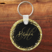  Glitter Monogram Naam Zwart Glam Sleutelhanger (Voorkant)