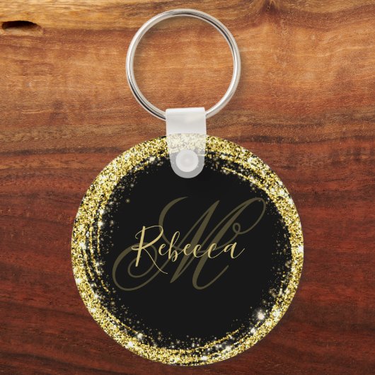  Glitter Monogram Naam Zwart Glam Sleutelhanger (Voorkant)
