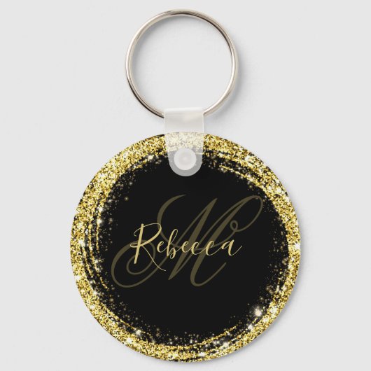 Glitter Monogram Naam Zwart Glam Sleutelhanger (Achterkant)
