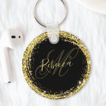 Glitter Monogram Naam Zwart Glam Sleutelhanger<br><div class="desc">Pas deze luxe glazen goudglitter sleutelhanger eenvoudig aan met uw eigen naam en monogram.</div>