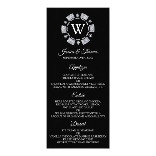Glitter Monogram Poker Chip Casino Wedding Menu (Voorkant)