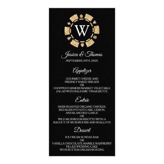 Glitter Monogram Poker Chip Casino Wedding Menu (Voorkant)
