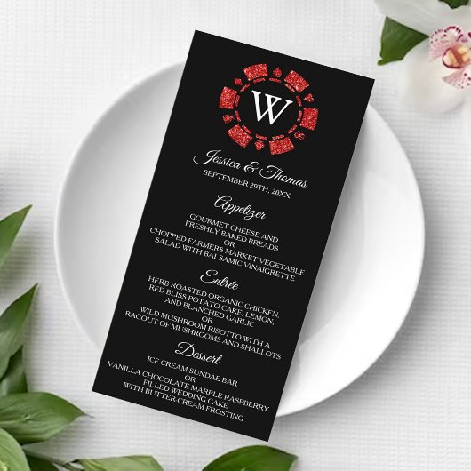 Glitter Monogram Poker Chip Casino Wedding Menu