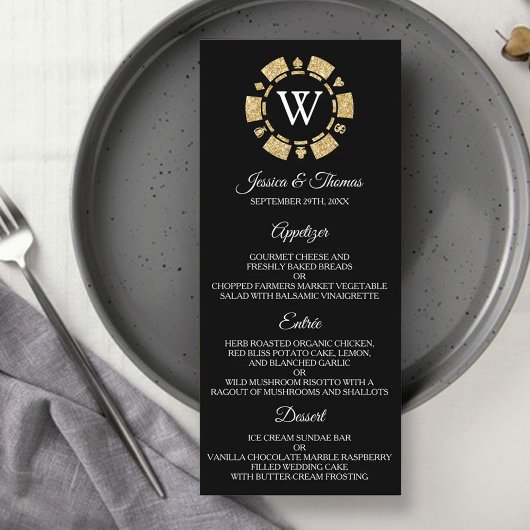 Glitter Monogram Poker Chip Casino Wedding Menu