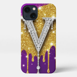 Glitter Monogram V ✨ Gouden Drip Paarse Luxe Glamo iPhone 13 Hoesje