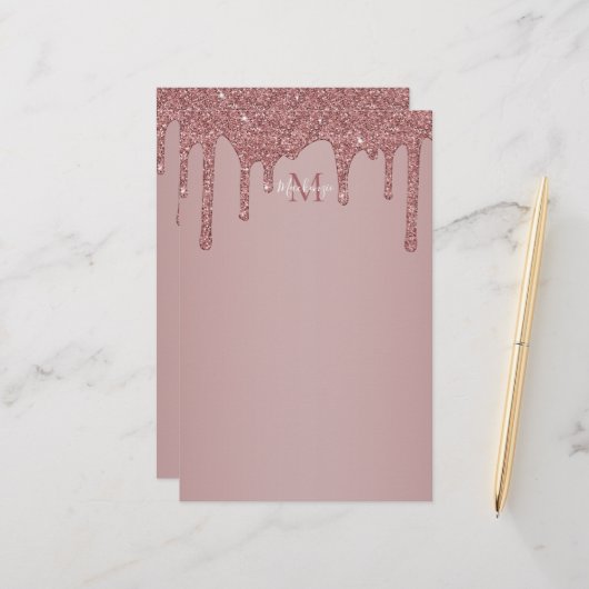 Glitter-monogram voor Girly Roos Gold Driving Briefpapier (Voorkant / Achterkant in situ)