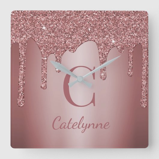 Glitter-monogram voor Girly Roos Gold Sparkle Vierkante Klok (Voorkant)