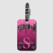 Glitter-monogram voor hot-roze en zwarte druppels bagagelabel (Voorkant (verticaal))