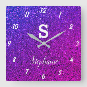 Glitter Monogrammen Paars Roze Elegant Cadeau Favo Vierkante Klok