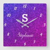 Glitter Monogrammen Paarse Roze Elegant Gift Favor Vierkante Klok (Voorkant)