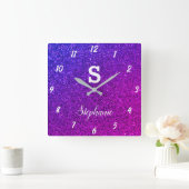 Glitter Monogrammen Paarse Roze Elegant Gift Favor Vierkante Klok (Huis)