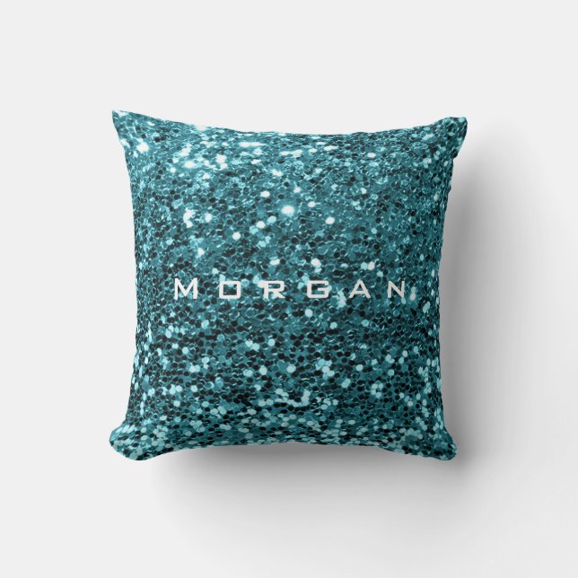 Glitter Name Mode Sequin Blue Blauwgroen Aquatic Kussen (Voorkant)