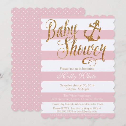 Glitter Nautical Girl Baby shower Invitation II Kaart (Voorkant / Achterkant)