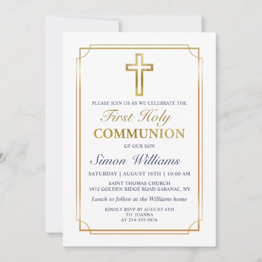 Glitter Navy Blue First Heilige Commune Gold Lijst Kaart (Voorkant)