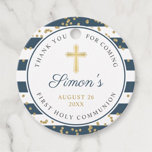Glitter Navy Stripes First Heilige Communie Bedankjes Labels (Voorkant)