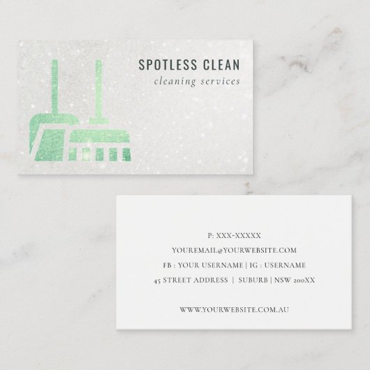 Glitter Neon Green Shiny Broom Cleaning Service Visitekaartje (Voorkant / Achterkant)