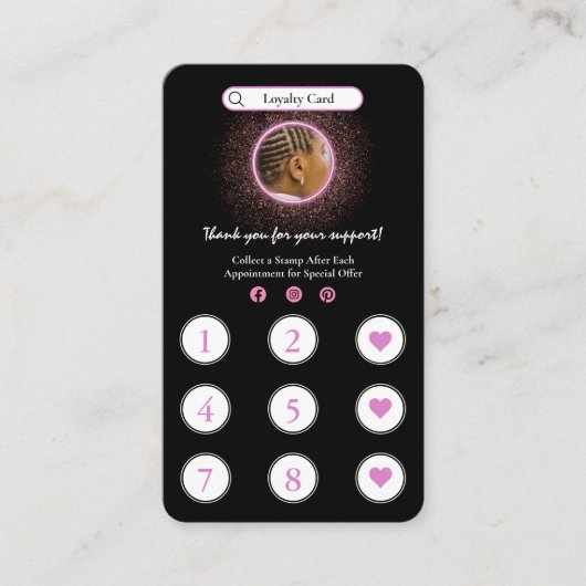 Glitter Neon Roze Haar Vlechten Loyaliteit Kaart Visitekaartje (Voorkant)