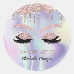 Glitter nep wimpers, Rose goud druppels Holografis Ronde Sticker