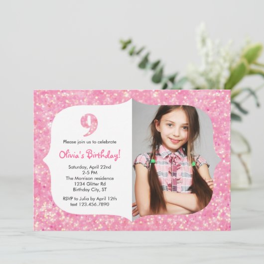 Glitter Nineth Birthday Uitnodiging (Staand voorkant)