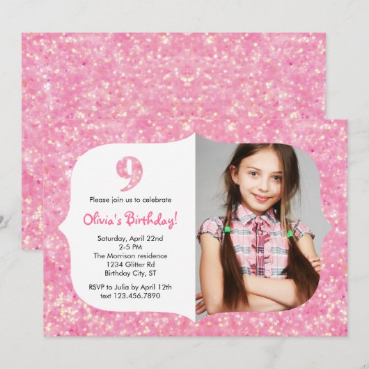 Glitter Nineth Birthday Uitnodiging (Voorkant / Achterkant)