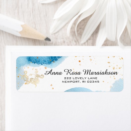 *~*Glitter Ocean Gold Nautical Beach OCTOPUS Etiket (Insitu)