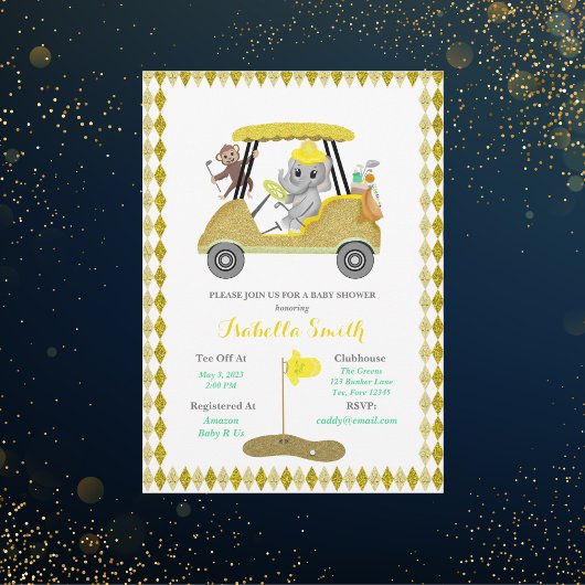 Glitter Olifant & Aap Golf Baby Shower Kaart