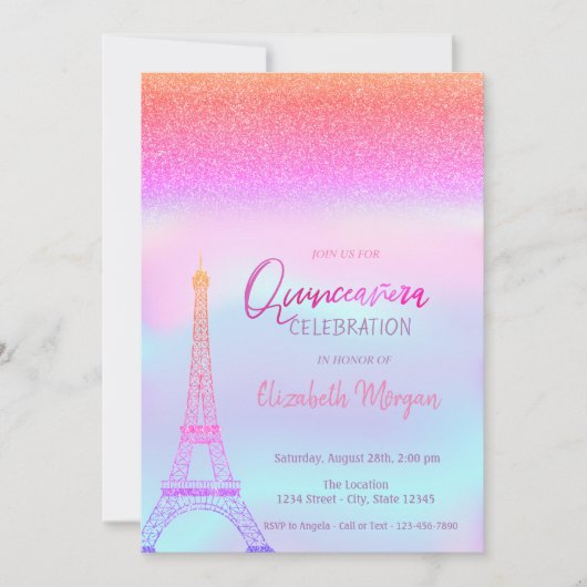 Glitter Ombre, Holographic Eiffel Tower Quinceaner Kaart (Voorkant)