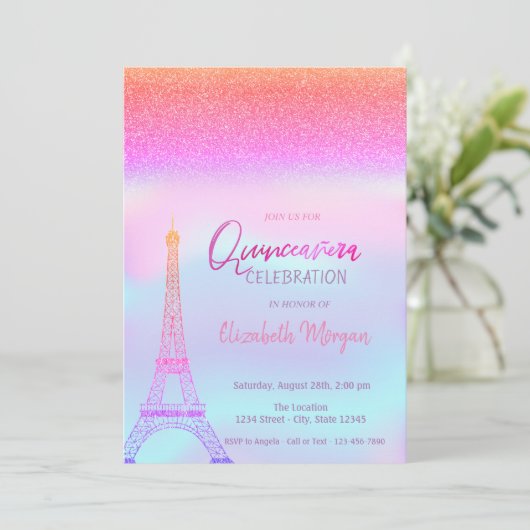 Glitter Ombre, Holographic Eiffel Tower Quinceaner Kaart (Staand voorkant)