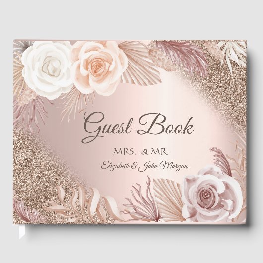Glitter Ombre Roos Gold Boho Flowers Wedding Gastenboek (Voorkant)