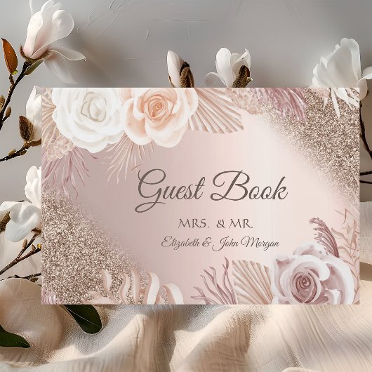 Glitter Ombre Roos Gold Boho Flowers Wedding Gastenboek