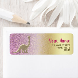 Glitter Ombre Roze & Gouden Dinosaurus Retouradres Etiket