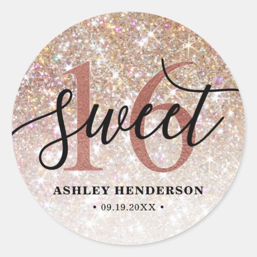 Glitter Ombre Sweet 16 Birthday Ronde Sticker (Voorkant)