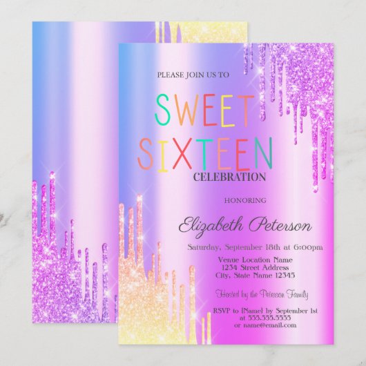 Glitter Ombre Violet Drips Kleurrijk Zoet 16 Kaart (Voorkant / Achterkant)