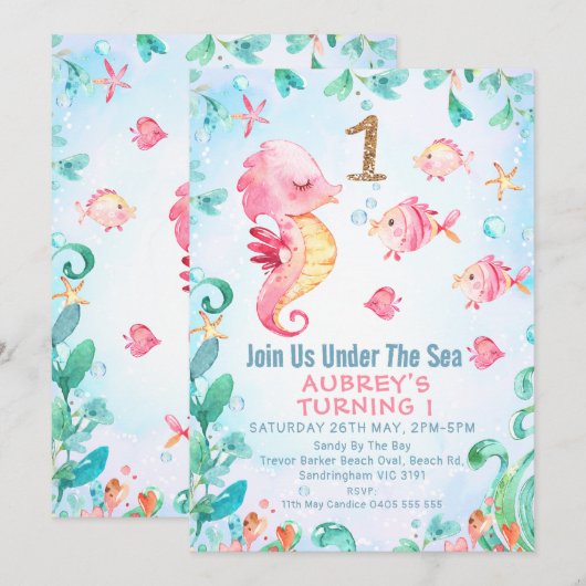 Glitter One Seahorse onder Zee 1e verjaardag Kaart (Voorkant / Achterkant)